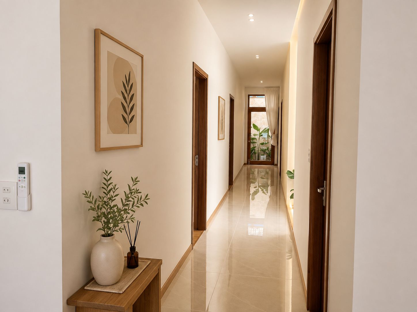A hallway with a wooden bench, a potted plant, and framed artwork on the walls.