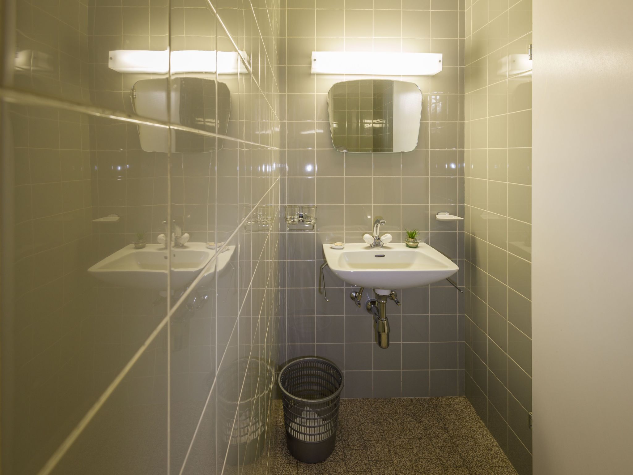 Ein kleines Badezimmer mit zwei Waschbecken, einem Spiegel und einer Duschkabine.