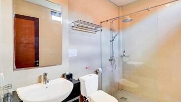 A bathroom with a white sink, a toilet, a glass shower enclosure, and a towel rack.