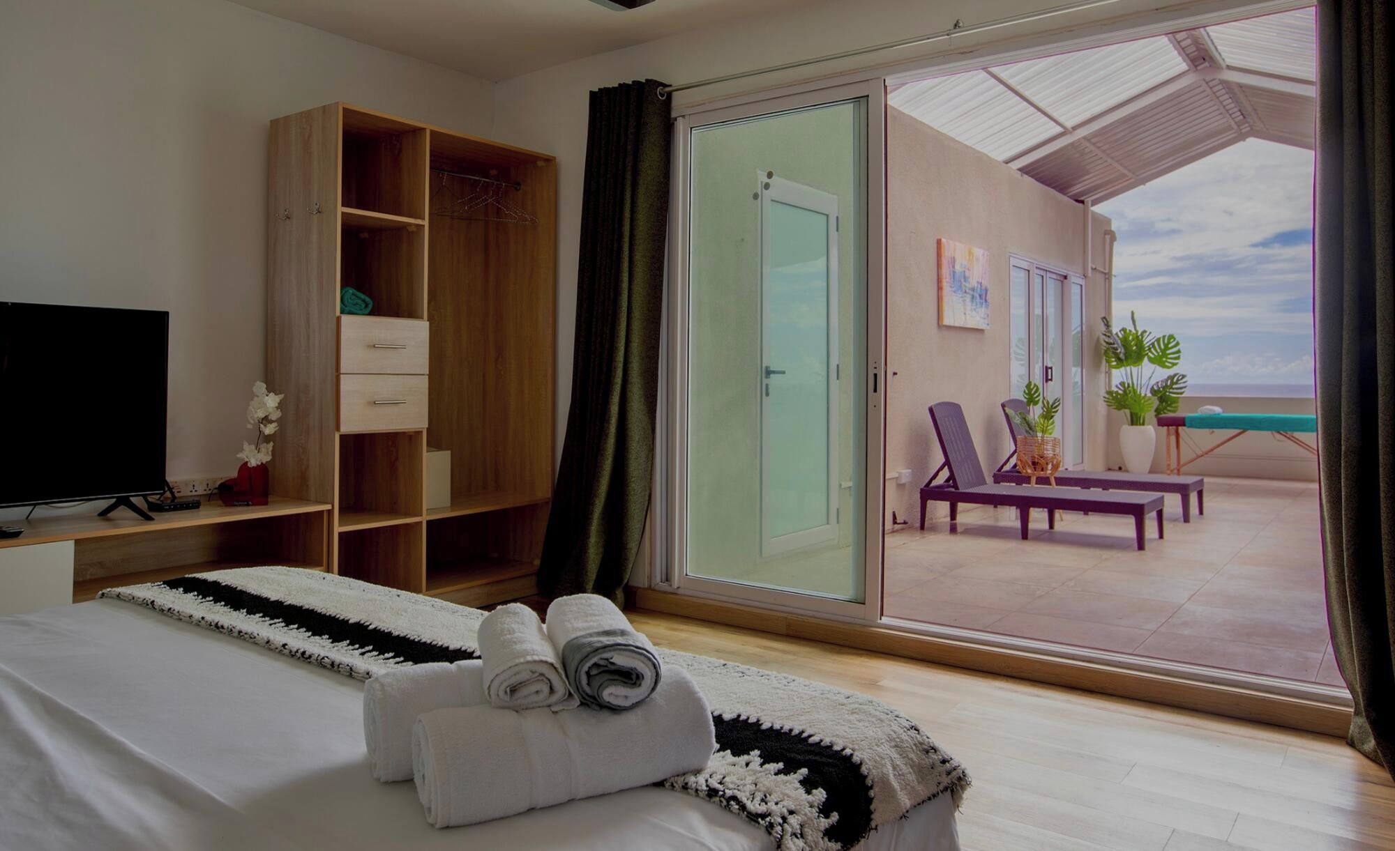 A hotel room with a bed, a TV, a wardrobe, a balcony with a view of the sea, and a seating area with plants.
