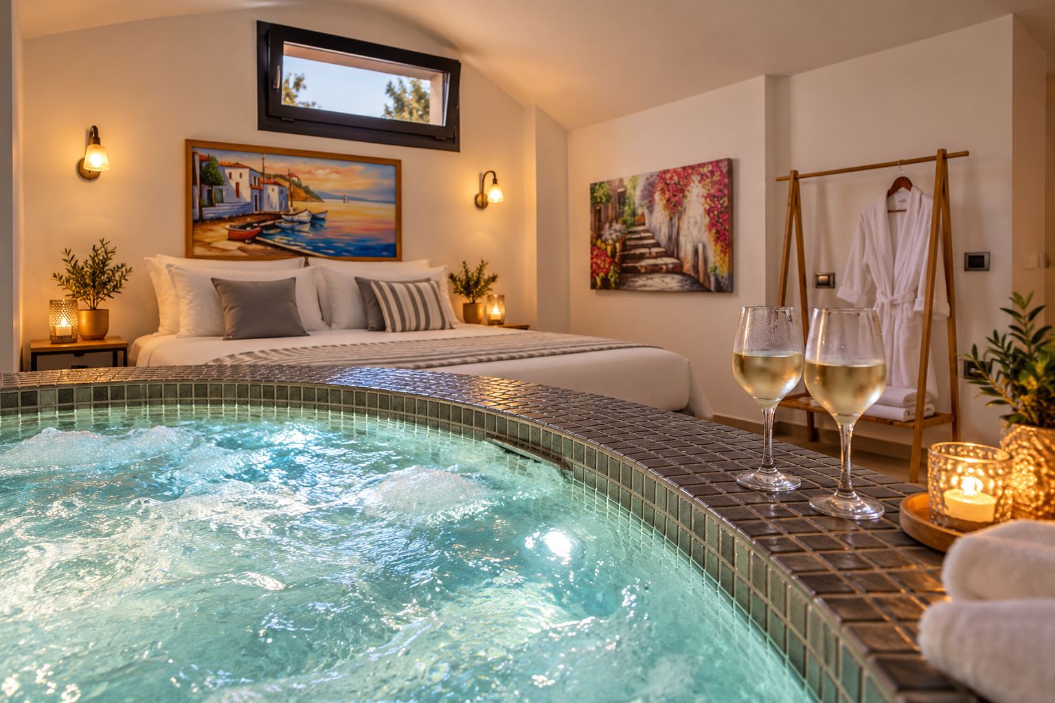 A hotel room with a bed, a bathtub, and two glasses of white wine on a table.
