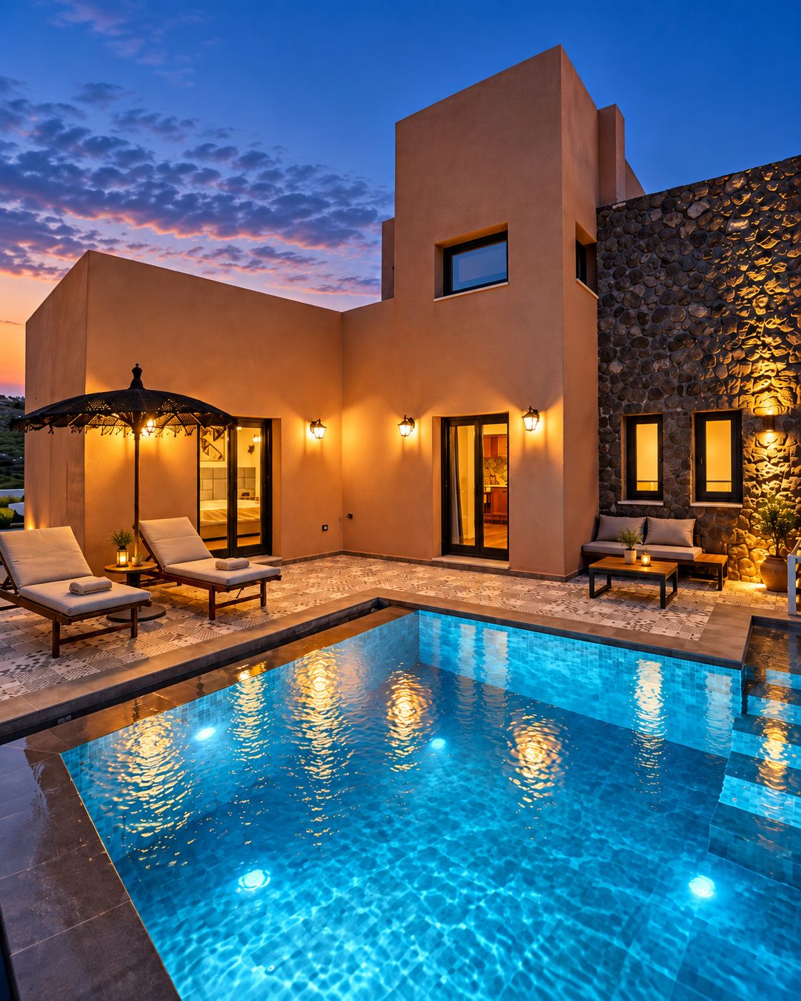 A modern house with a swimming pool, outdoor seating, and a stone wall.