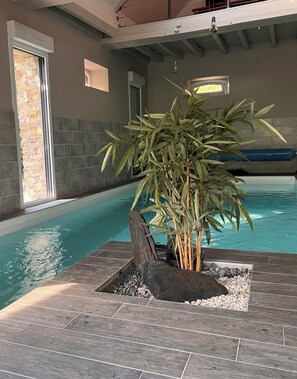 Una piscina interior con una planta de bambú en el centro, paredes de piedra y suelo de baldosas.