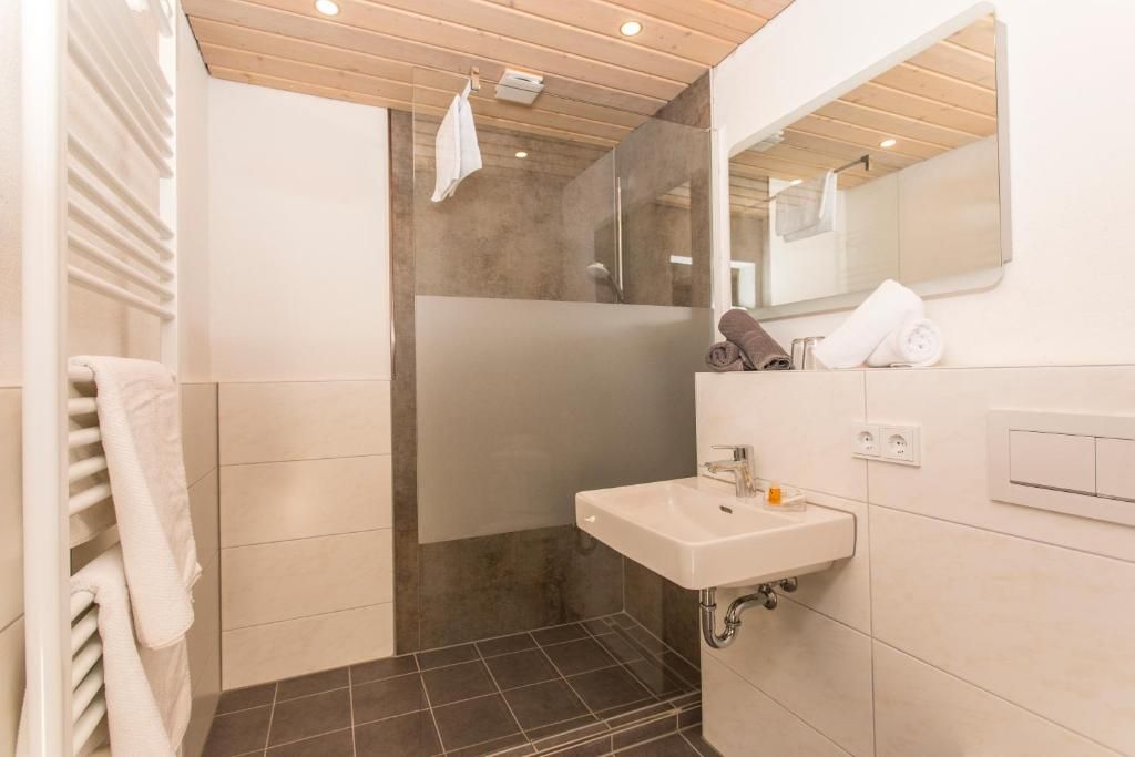 A modern bathroom with a shower, a sink, and a mirror.