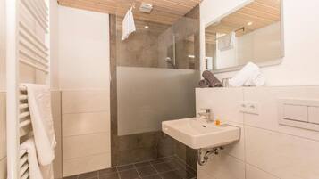 A modern bathroom with a shower, a sink, and a mirror.