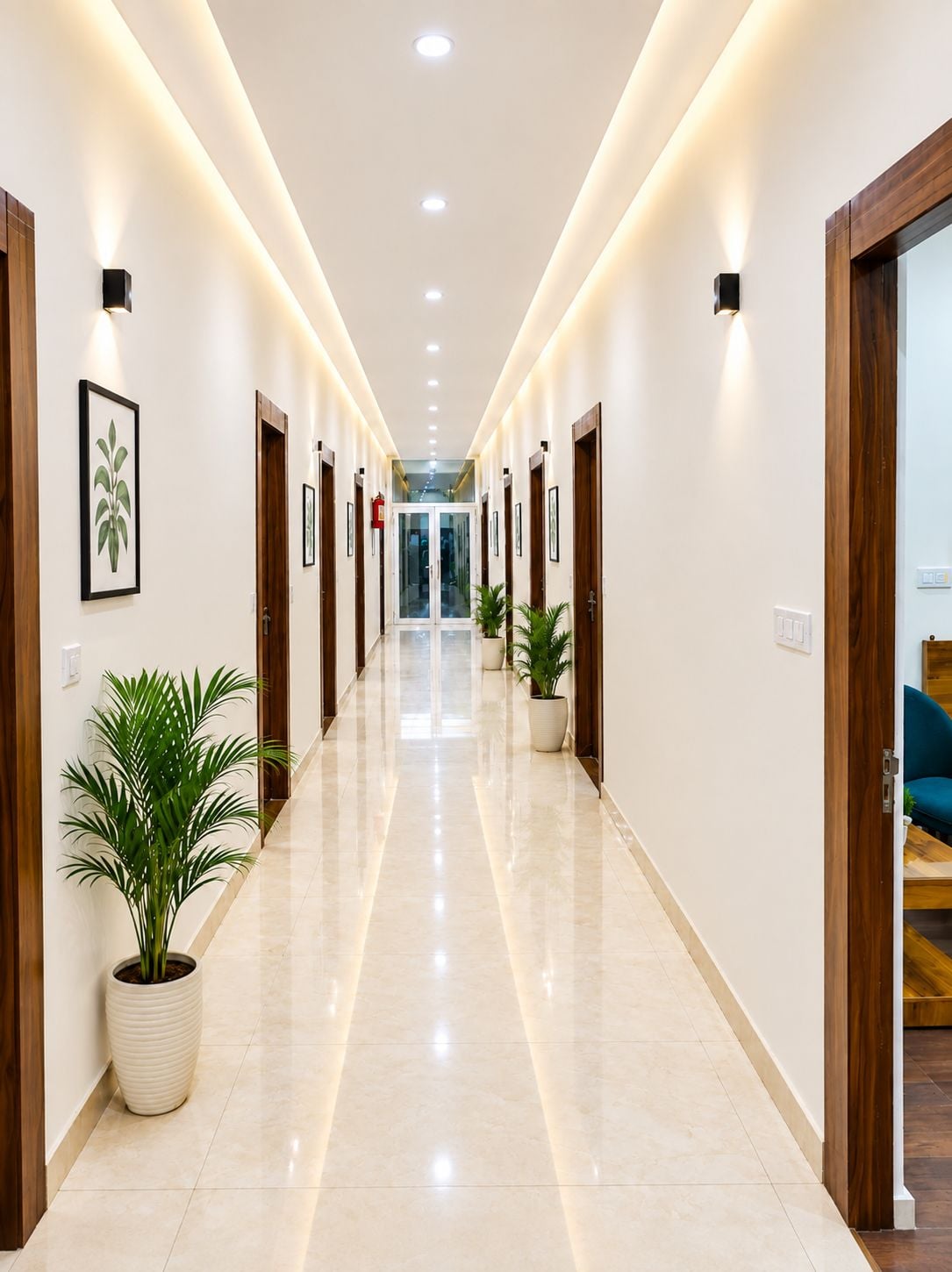A hallway with a polished floor, framed artwork on the walls, and potted plants.