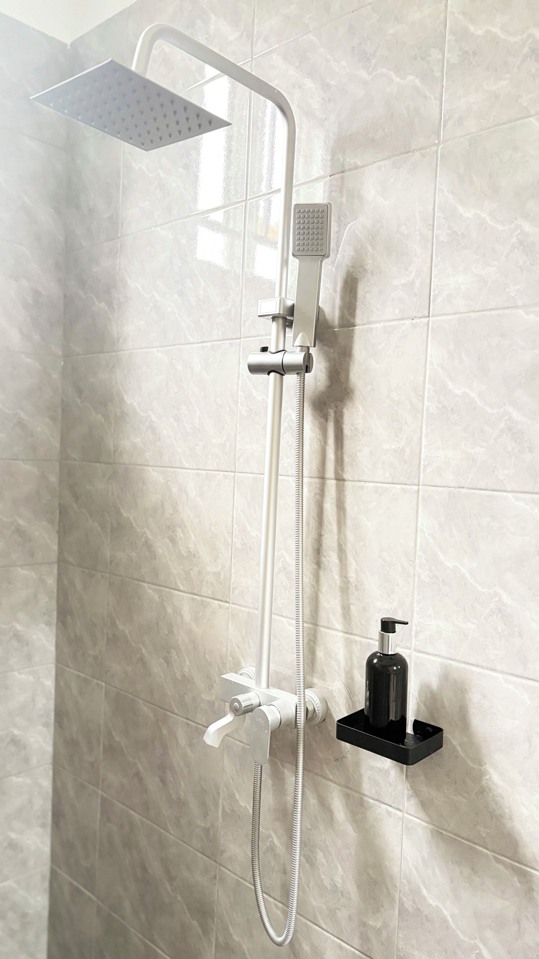 Shower, towels, soap, toilet paper