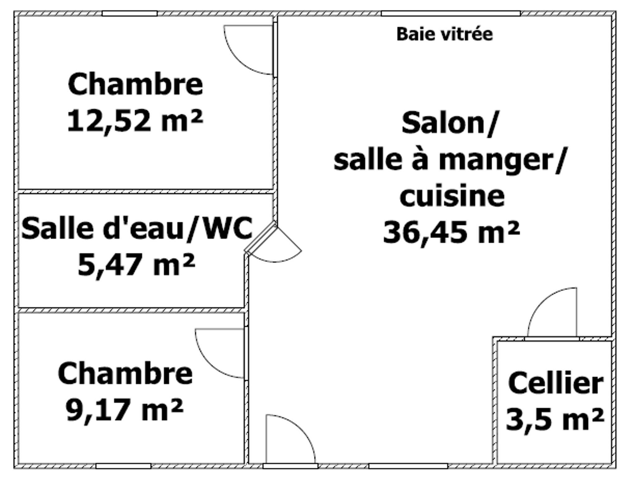 Pianta degli ambienti con un soggiorno (12,52 m²), un bagno (5,47 m²), una sala da pranzo (36,45 m²), una cucina (9,17 m²) e una camera da letto (3,5 m²).