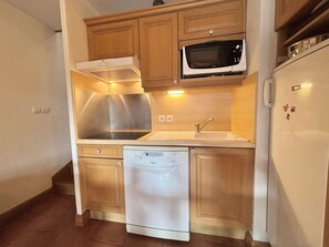 A compact kitchen with a microwave, dishwasher, and a stainless steel range hood. - Apartment with mountain view - 6 guests (Praz-sur-Arly)