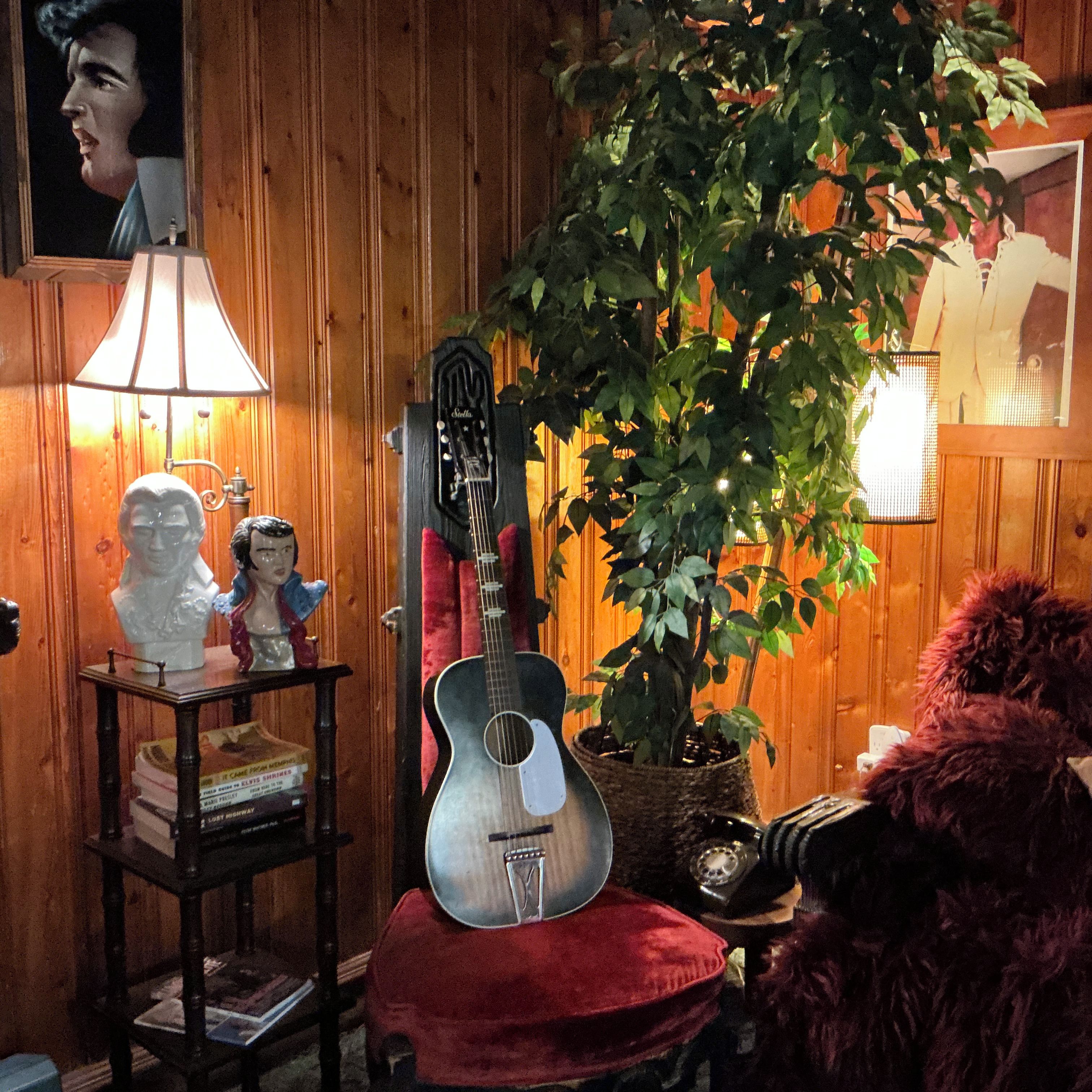 Ein Zimmer mit Holzwandverkleidung, einer Gitarre, einer Lampe, einer Büstenstatue und einem Topfpflanzen.