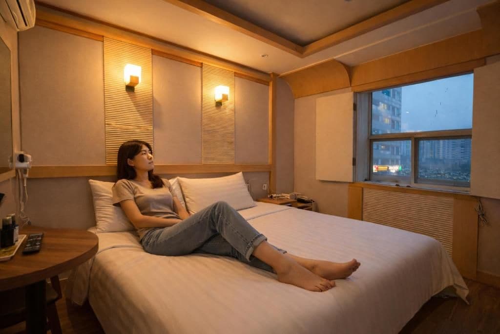 Una habitación de hotel con cama, mesita de noche, lámpara y ventana con vistas a edificios.