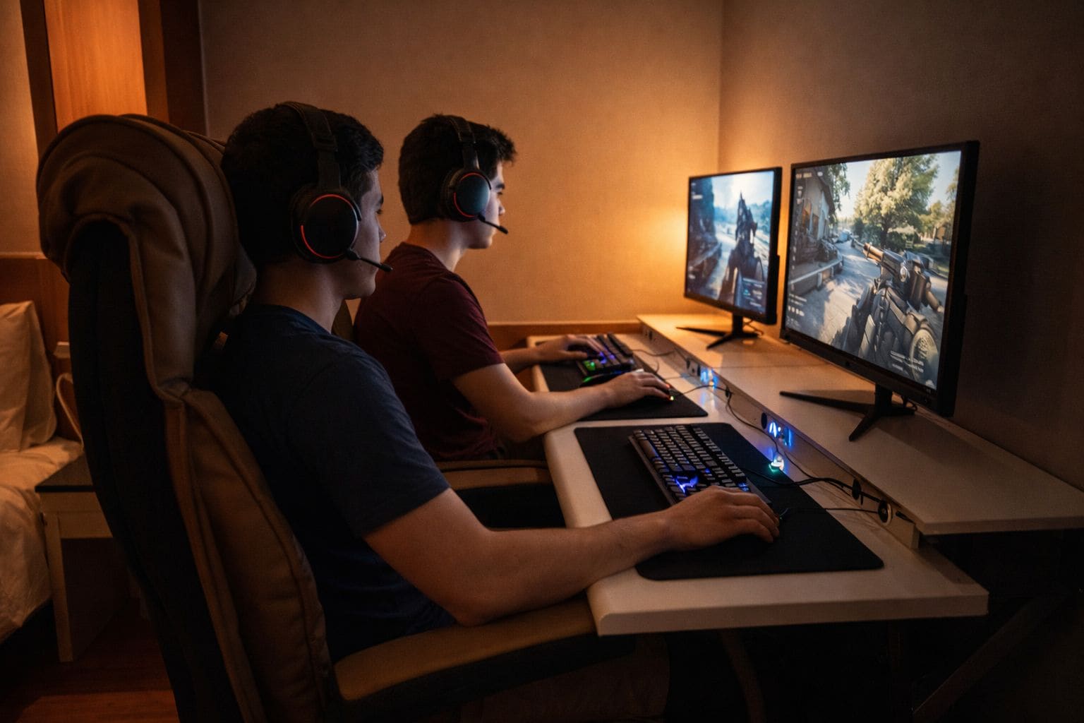 Two individuals seated at a desk with gaming equipment, including a keyboard, mouse, and multiple monitors displaying a video game.