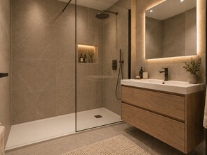 A modern bathroom with a glass-enclosed shower, a wooden vanity, and a mirror. - Spacious apartment with view of Muzelle - 8 guests (Les Deux Alpes)