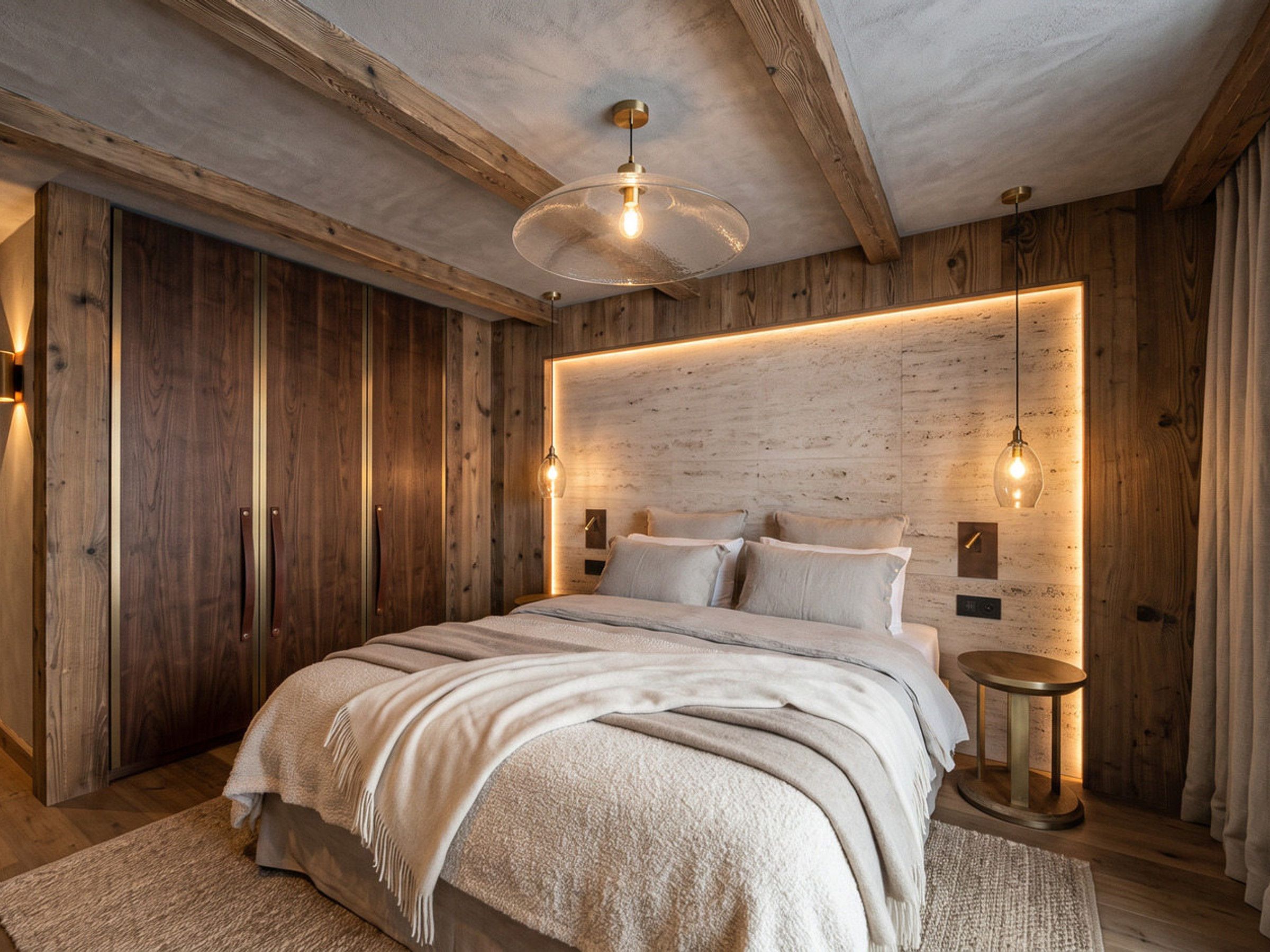 A bedroom with a wooden ceiling, a bed with a white bedspread, and a round table with a lamp.
