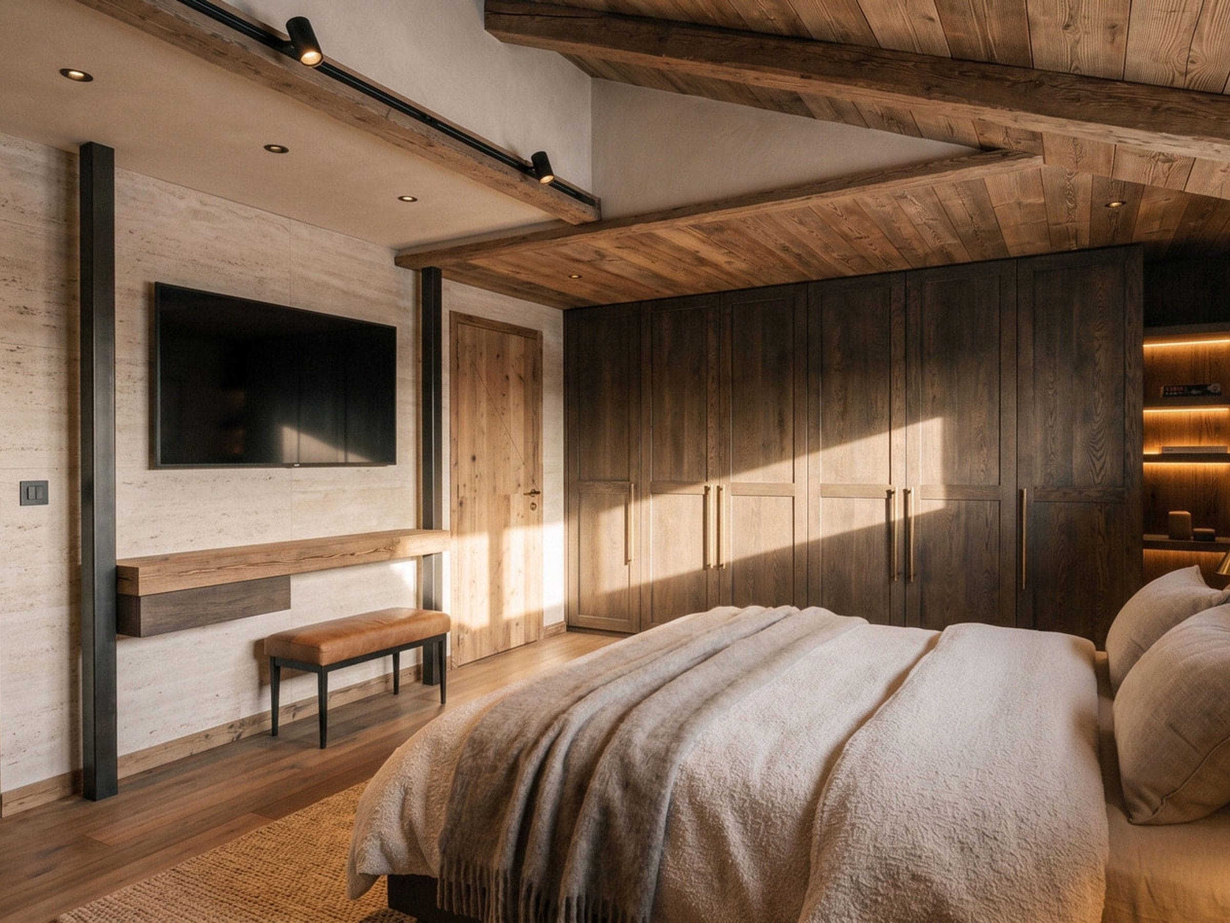 A modern bedroom with a large bed, built-in wardrobe, and a flat-screen TV mounted on the wall.