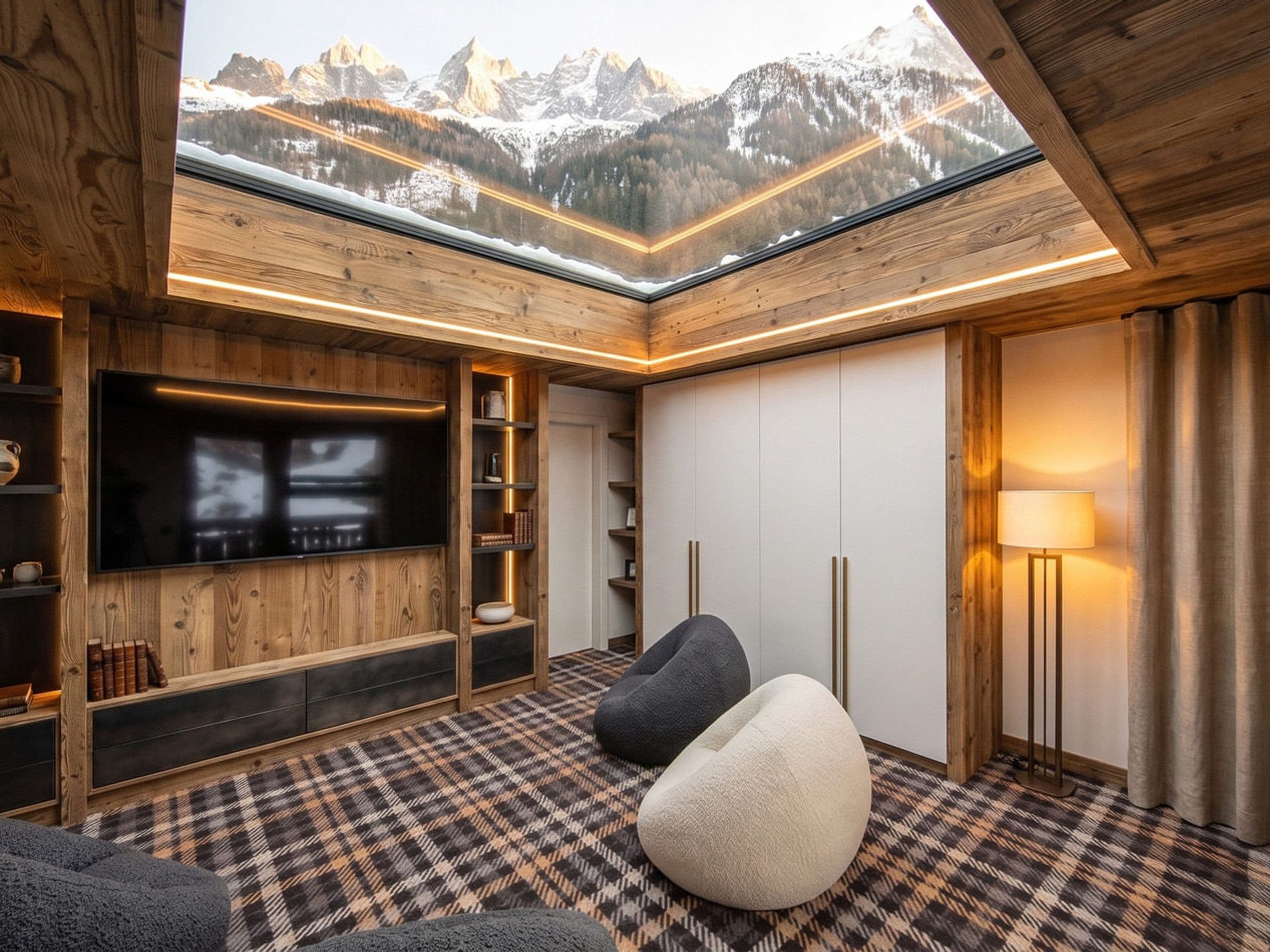 Une pièce chaleureuse avec une grande télévision, des étagères en bois, une moquette à motifs et une vue sur les montagnes grâce à une lucarne.