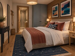 Ein Schlafzimmer mit einem Bett, Nachttischen, einem Spiegel, einer Tür und einer Wand mit zwei gerahmten Bildern.