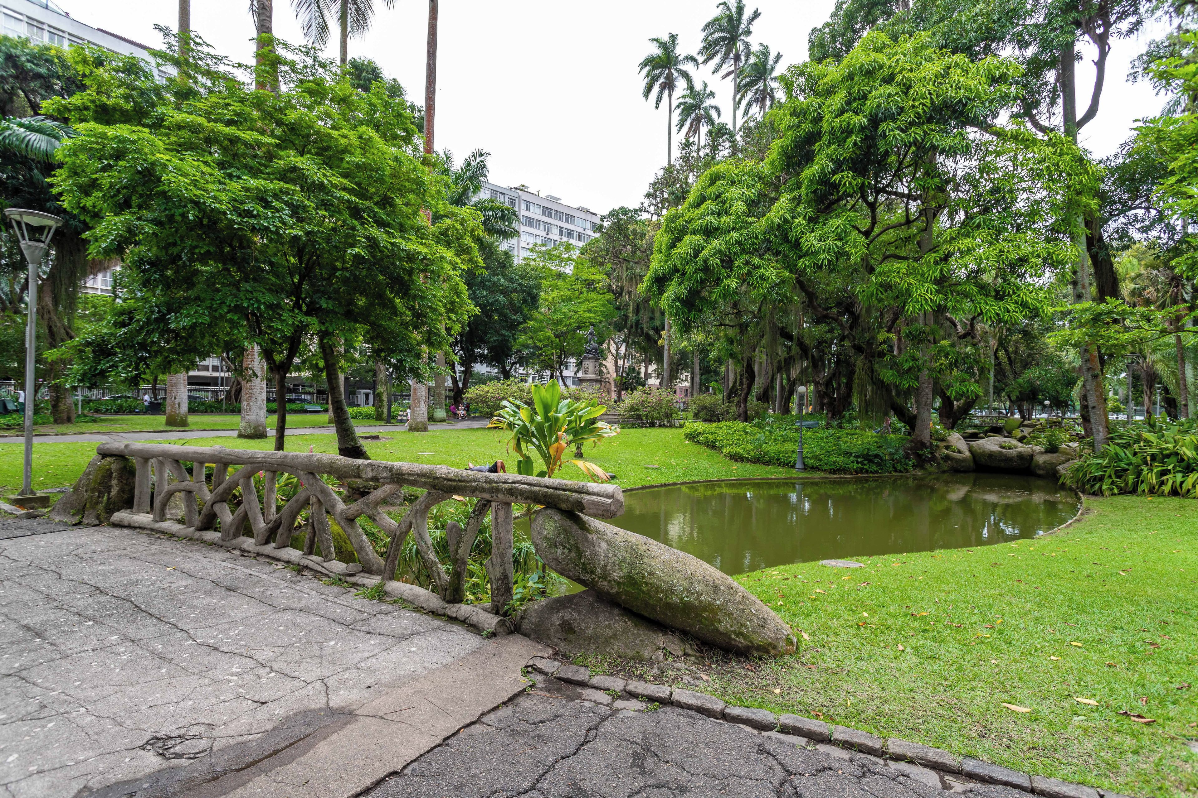 A park with a pond, stone bridge, and lush greenery.