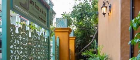 A narrow alleyway with a green gate, a small water feature, and a building entrance with a light fixture.