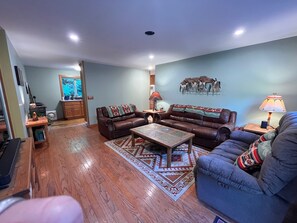 A living room with a brown leather sofa, a blue armchair, a coffee table, and a rug. - Tranquil 3-bedroom house with AC in charming Conway (Conway)