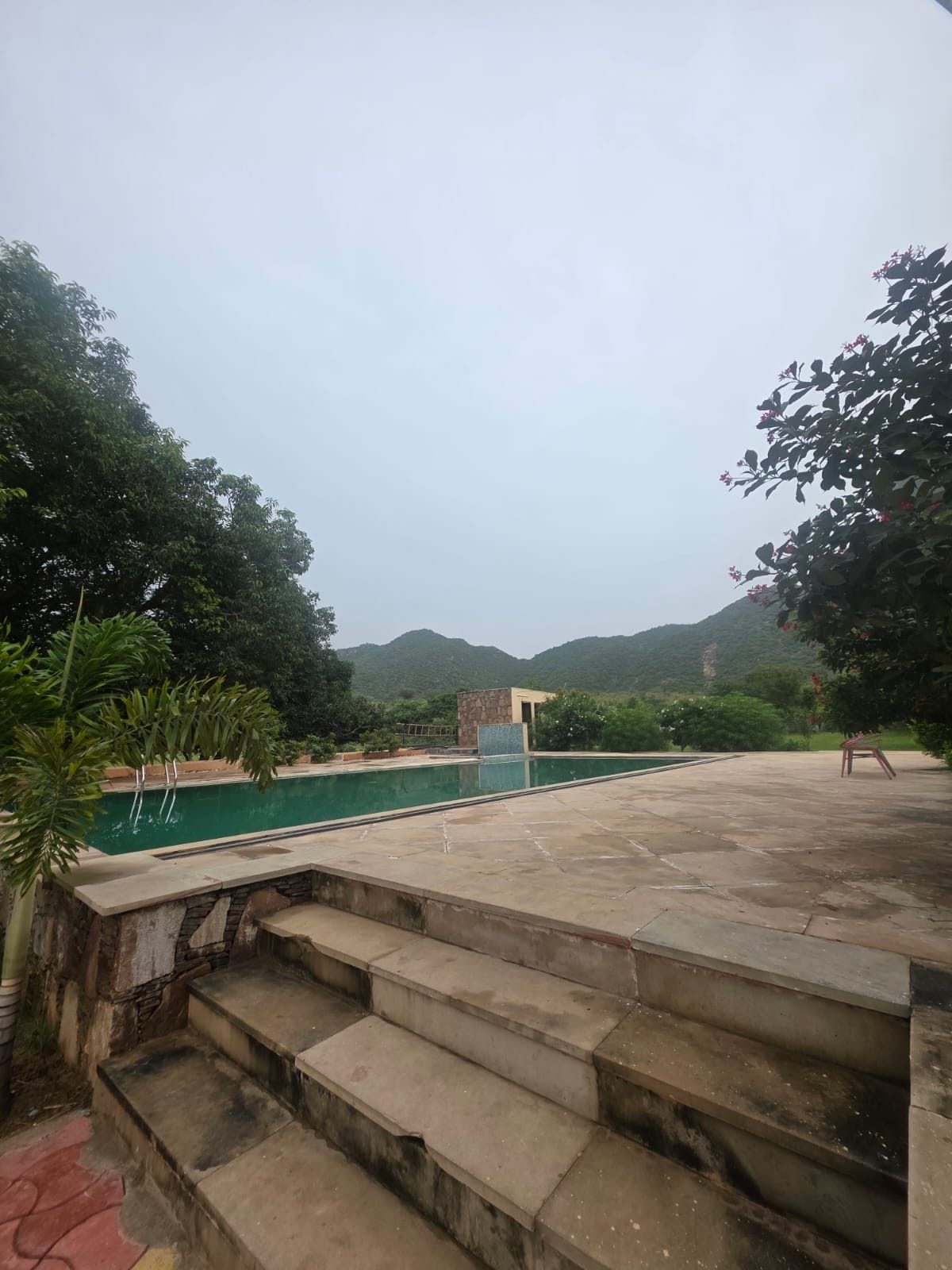 Una piscina con solárium de piedra y escalones que bajan a ella, rodeada de vegetación y colinas al fondo.