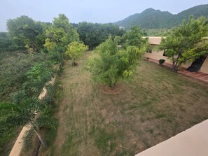 A courtyard with a grassy area, trees, and a mountain in the background. - Aura Hills Pushkar By Kaya Hospitality (Pushkar)