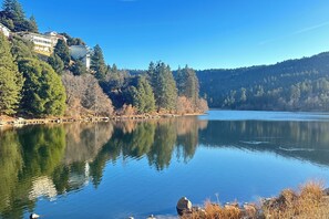 A calm lake with a reflection of trees and a building on the left. - Mtn & Lake Gregory Views! Scenic Crestline Cabin (Crestline)