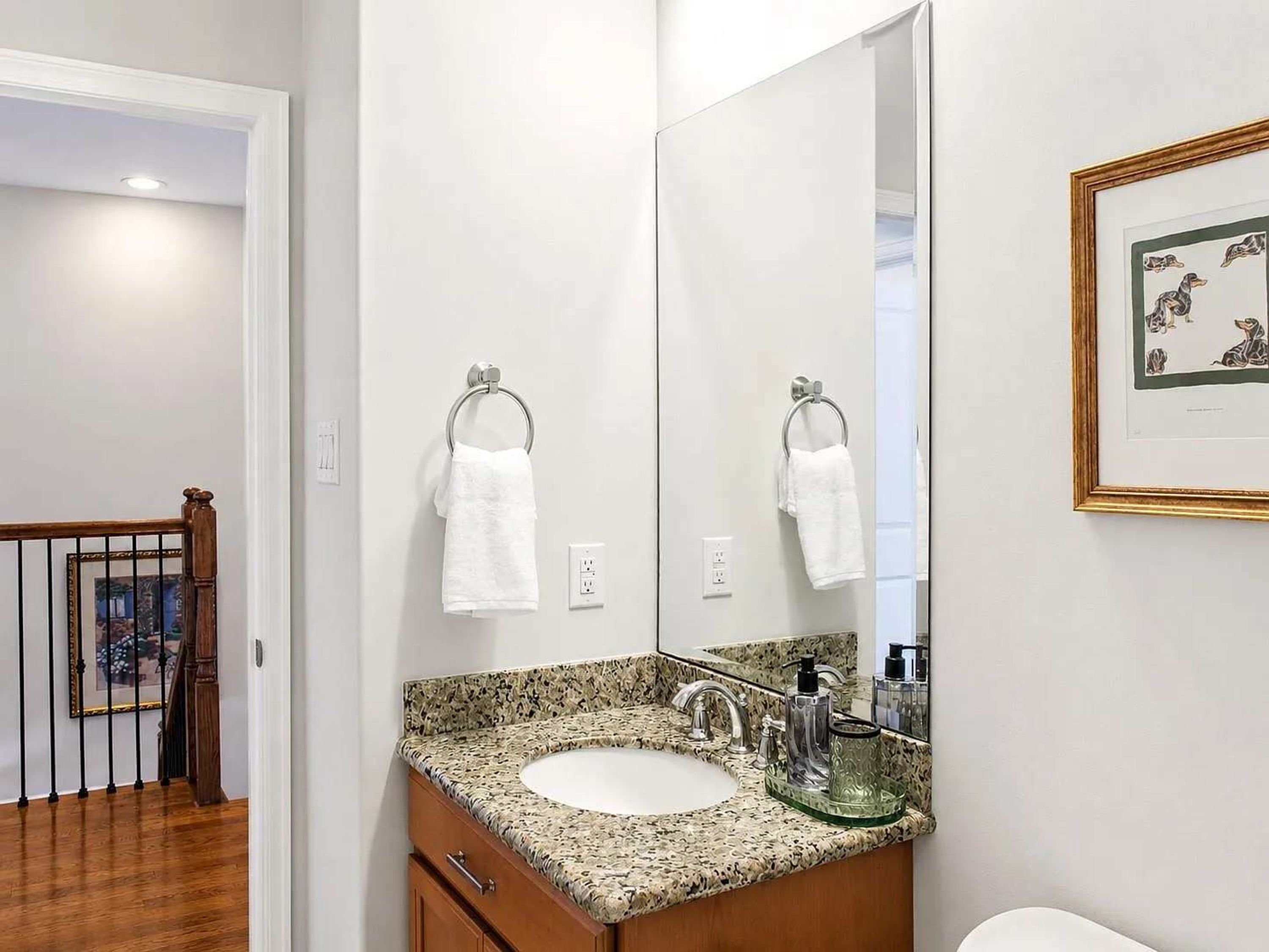 A bathroom with a granite countertop sink, a large mirror, and two towel rings.