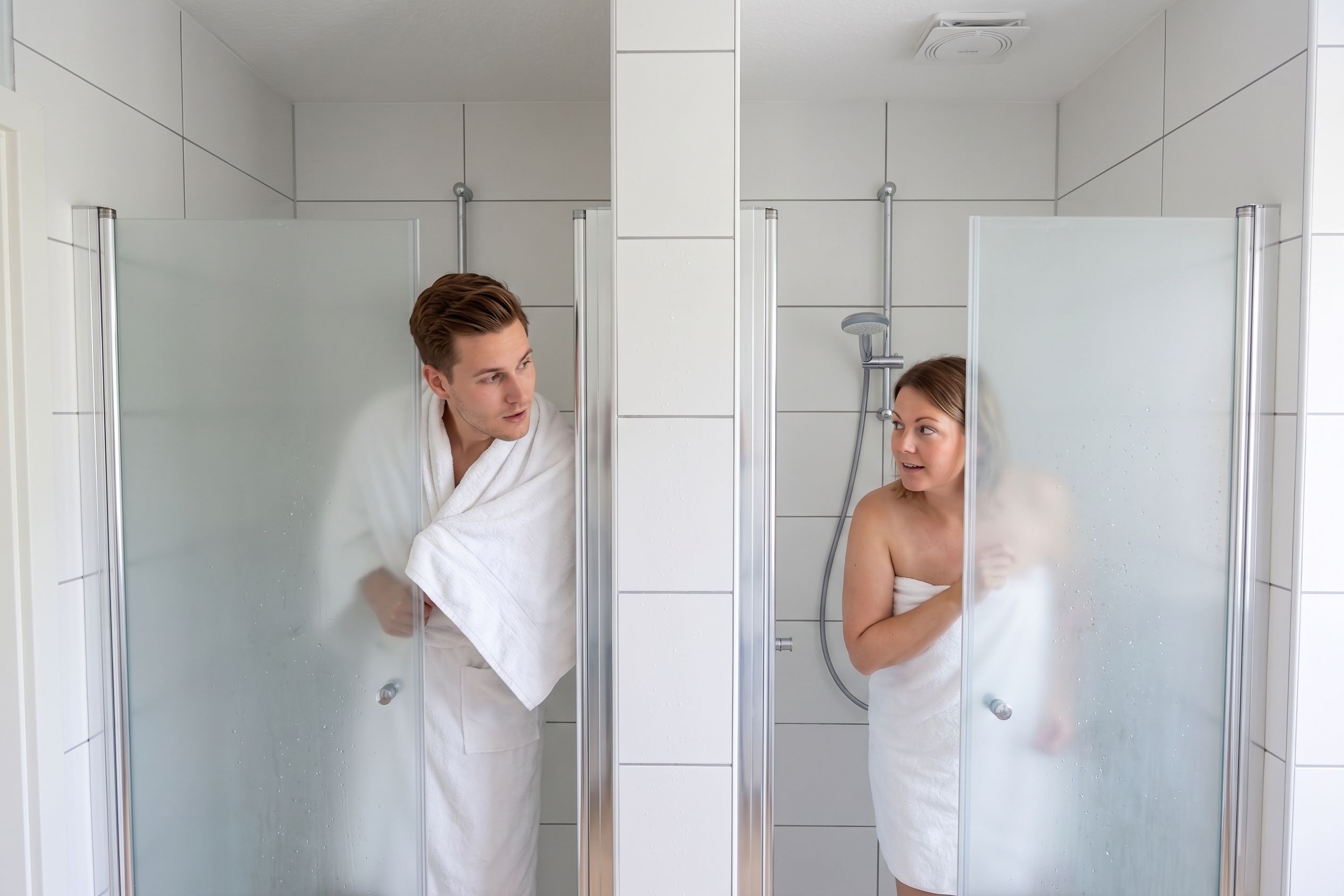Shower, hair dryer, soap, toilet paper