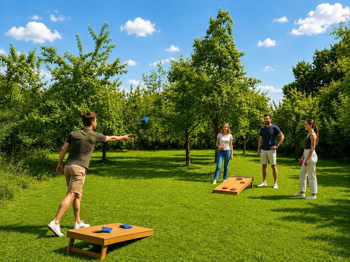 Eine Gruppe von Menschen spielt ein Rasenspiel in einem Park mit Bäumen und blauem Himmel.