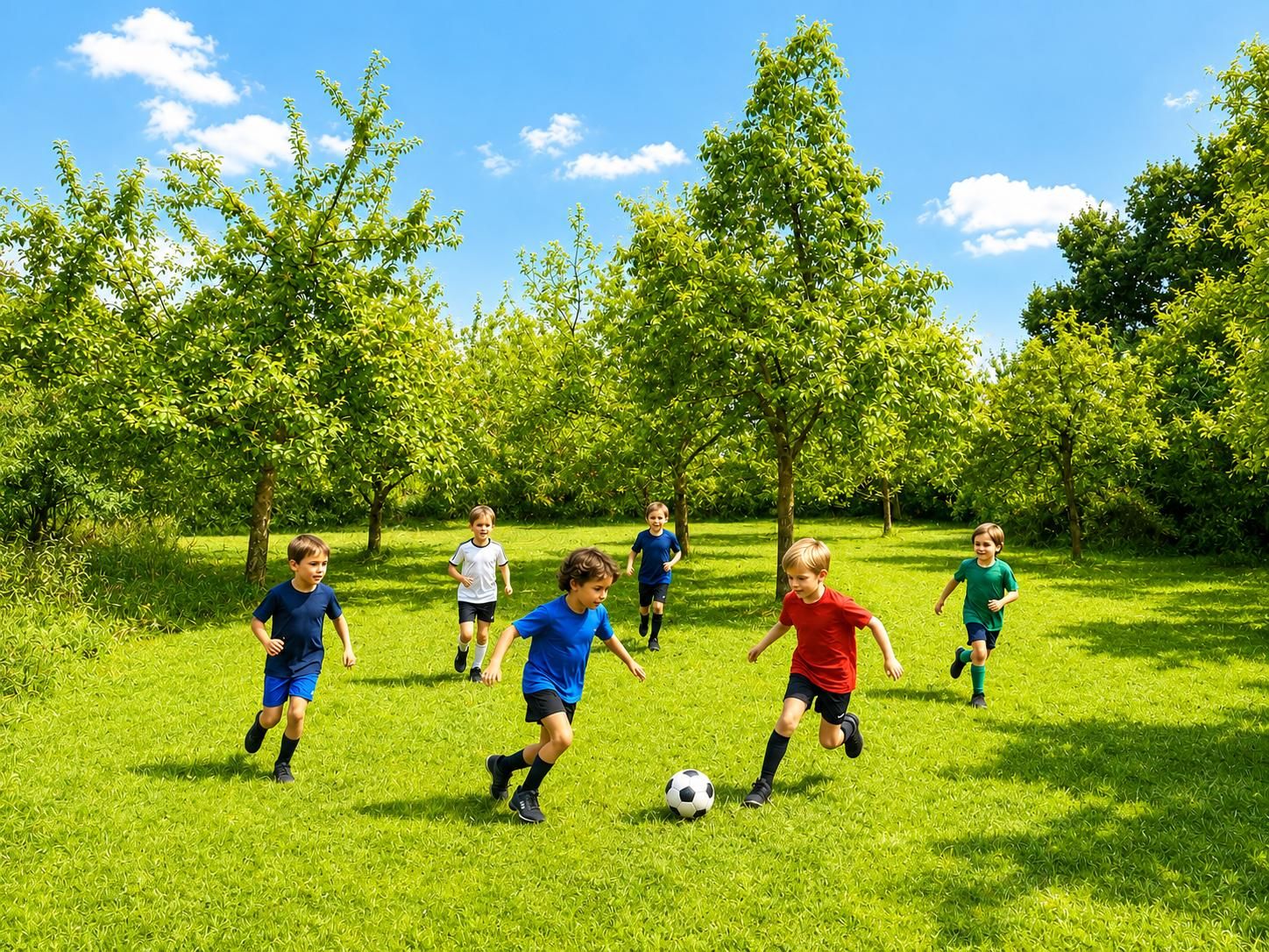 Children playing soccer on a grassy field with trees in the background.