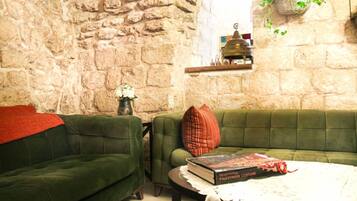 A room with a stone wall, two green sofas, a small table with a book, and a hanging plant.