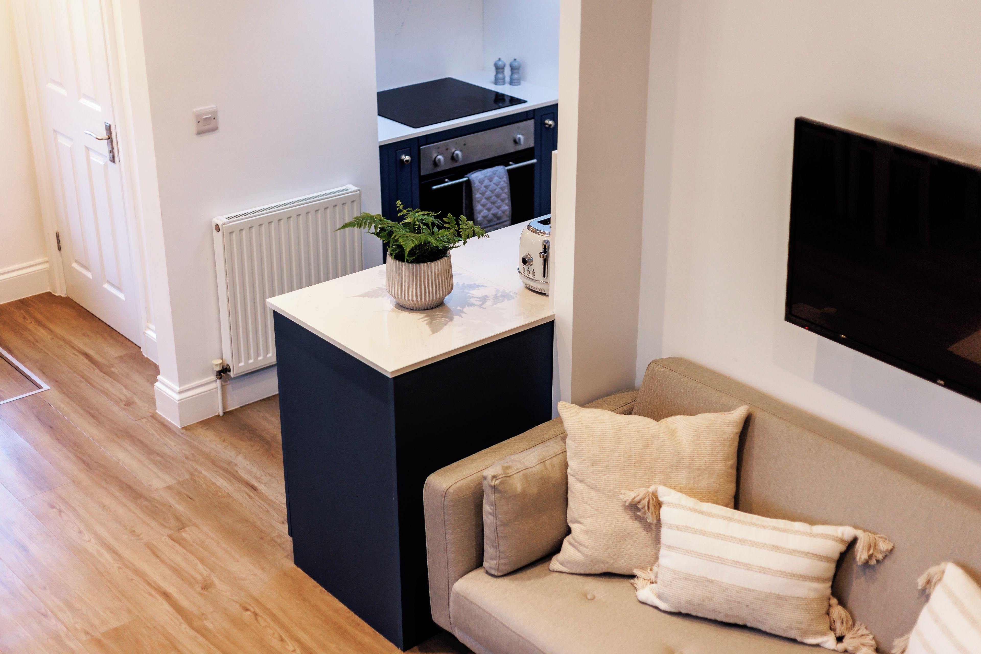A modern living space with a kitchenette, a sofa, and a flat-screen TV mounted on the wall.