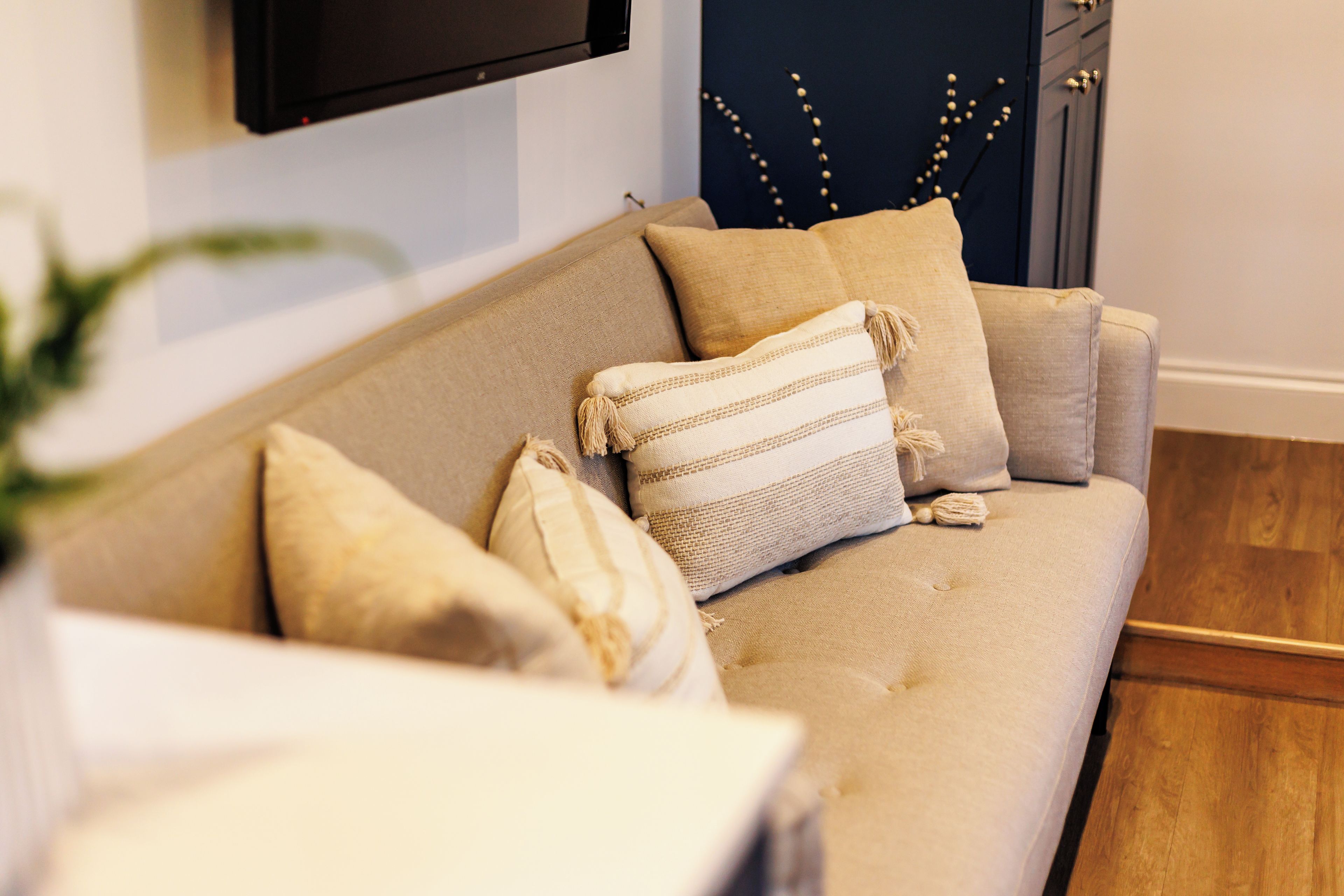 Un canapé beige agrémenté de plusieurs coussins, un téléviseur fixé au mur et une plante décorative placée au premier plan.