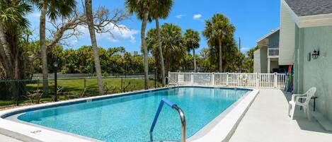 A swimming pool with a white deck, surrounded by palm trees and a fence.