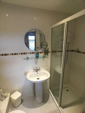 A bathroom with a white sink, a glass shower enclosure, and a mirror above the sink. - Ty Rosa - Bed & Breakfast (Cardiff)