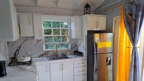 Una cocina compacta con armarios blancos, un refrigerador de acero inoxidable, una ventana con vistas a follaje y un tapete negro en el suelo.