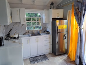 Cozinha compacta com armários brancos, geladeira de aço inoxidável, janela com vista para o verde e tapete preto no chão.