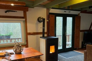 A room with a wood-burning stove, a wooden table with a decorative item, a window with a view of trees, and a door with a glass panel.