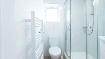 A bathroom with a toilet, a glass-enclosed shower, and a white radiator.