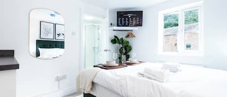 A modern bedroom with a bed, a mirror, a television, and a window.