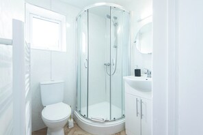 A modern bathroom with a glass-enclosed shower, a toilet, and a sink.
