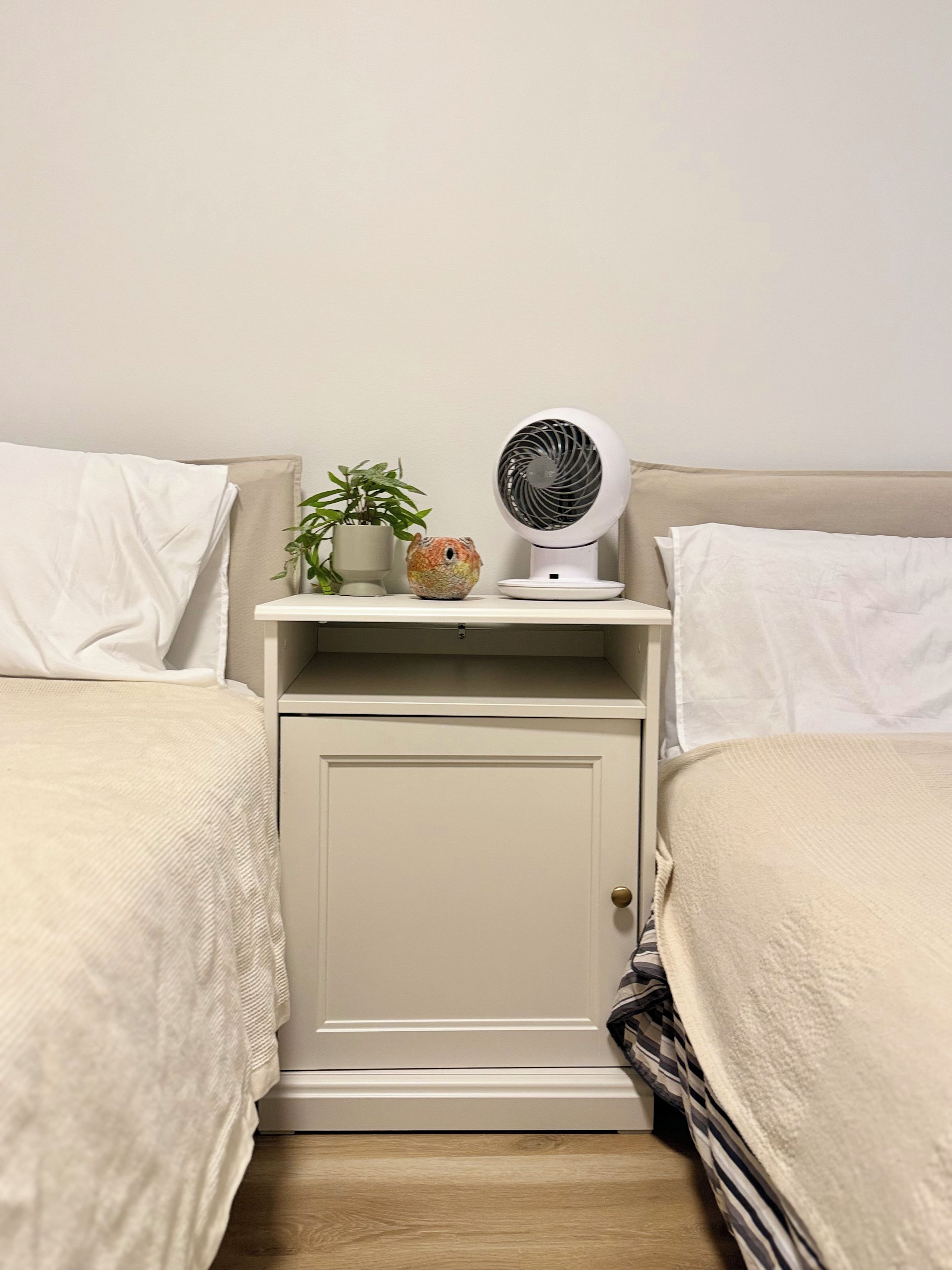 A bedroom with two beds, a bedside table with a fan, a small plant, and a cabinet.