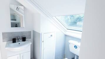 A modern bathroom with a skylight, white fixtures, and a visible toilet.