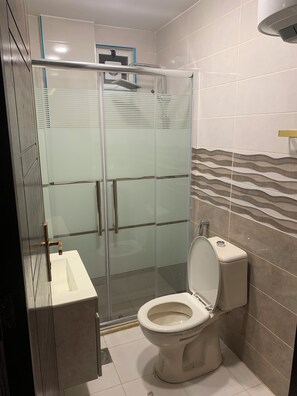 A modern bathroom with a glass-enclosed shower, a white toilet, and a vanity with a mirror. - Spirit of Amman (Amman)