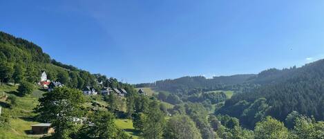 A rural landscape with a village, green fields, and a clear sky.