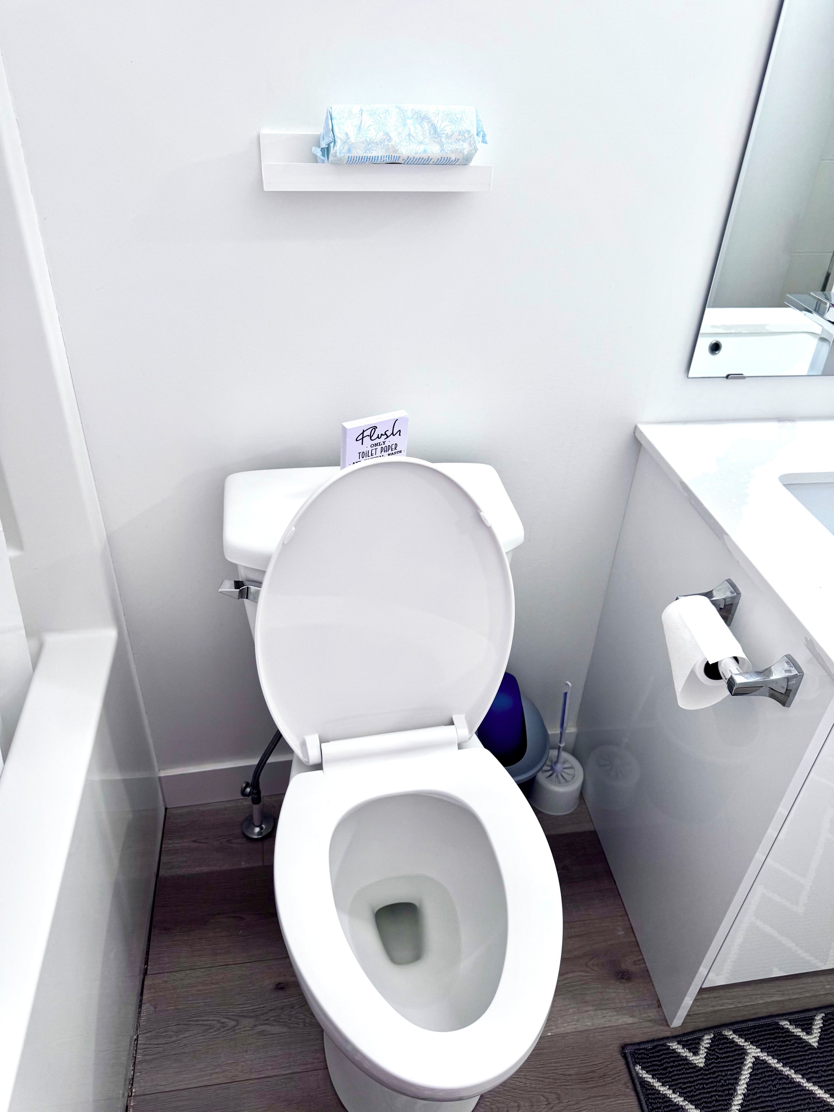 A modern bathroom with a white toilet, a toilet paper holder, and a blue toilet brush.