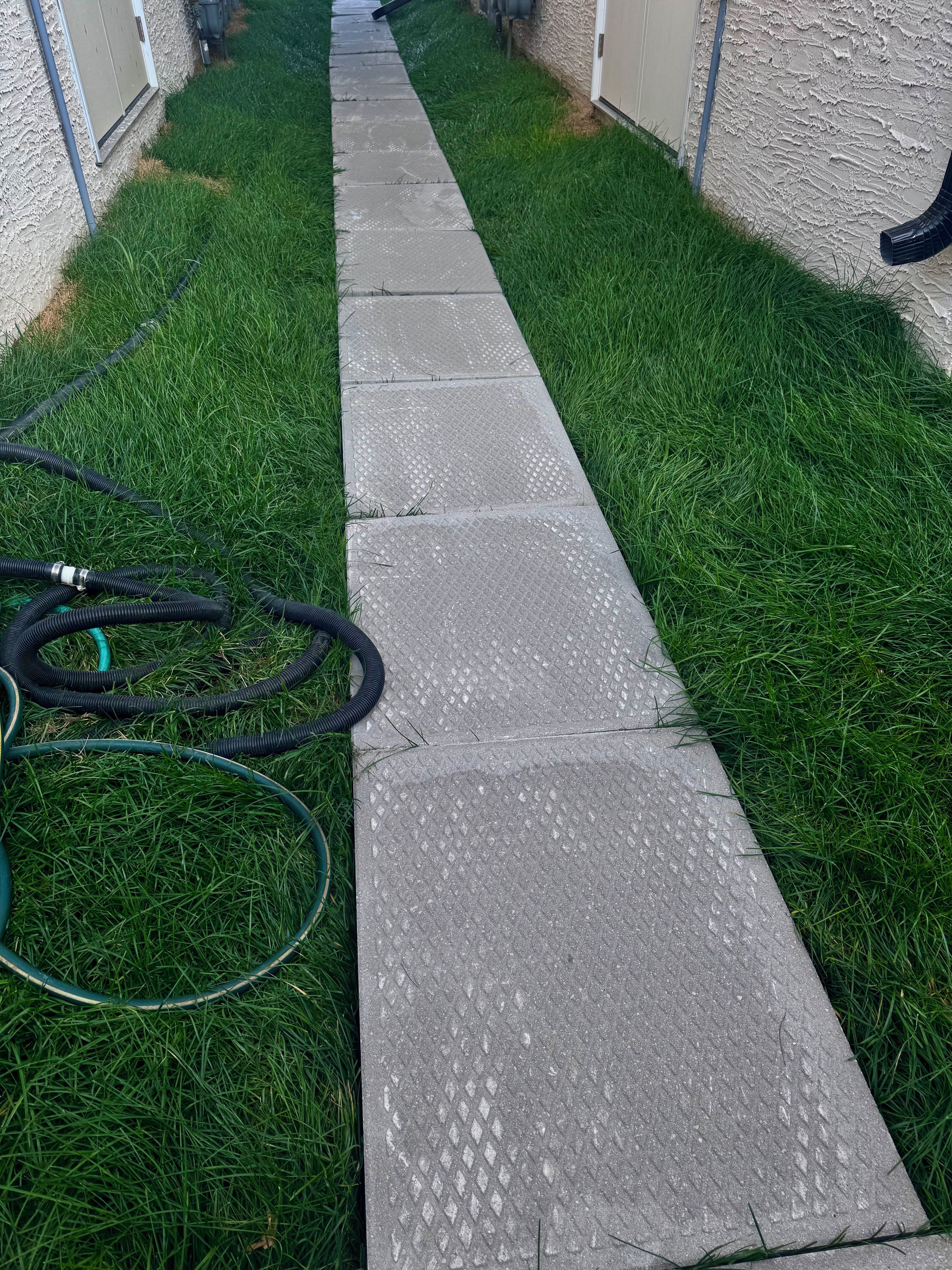 A pathway leading to a building with a textured wall and a hose on the grass.