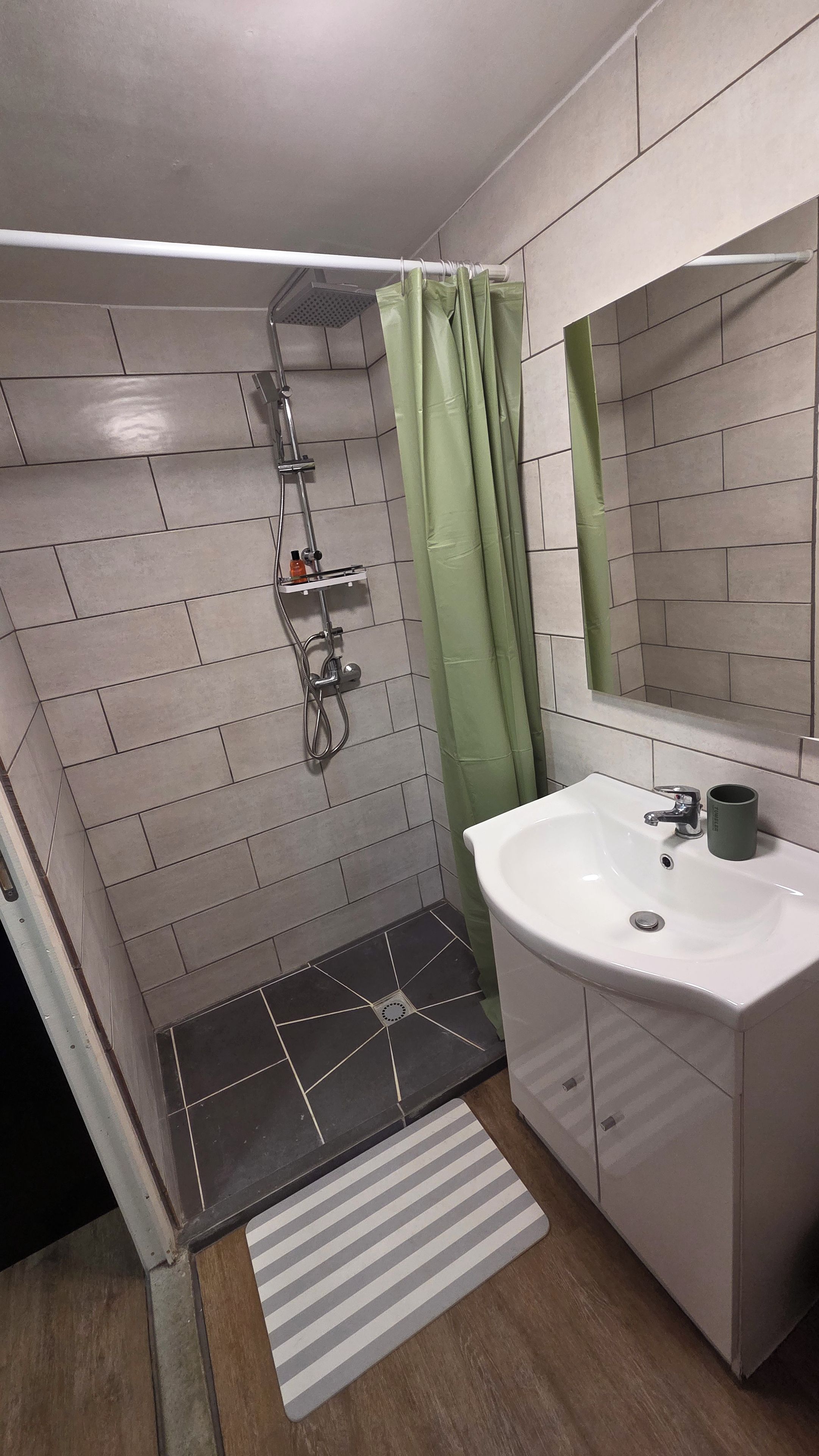 Une salle de bain moderne avec une douche, un lavabo et un miroir.