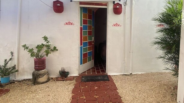 Une entrée d’immeuble avec une porte recouverte de carreaux, un chemin en briques et des plantes en pot.
